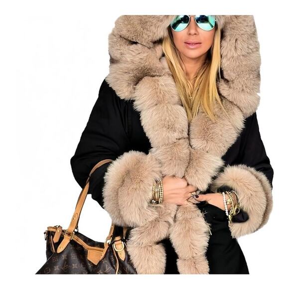 ASA Fashion Group Black and Cream Teddy Jacket Plush Trim and Hood - Picture 1 of 8